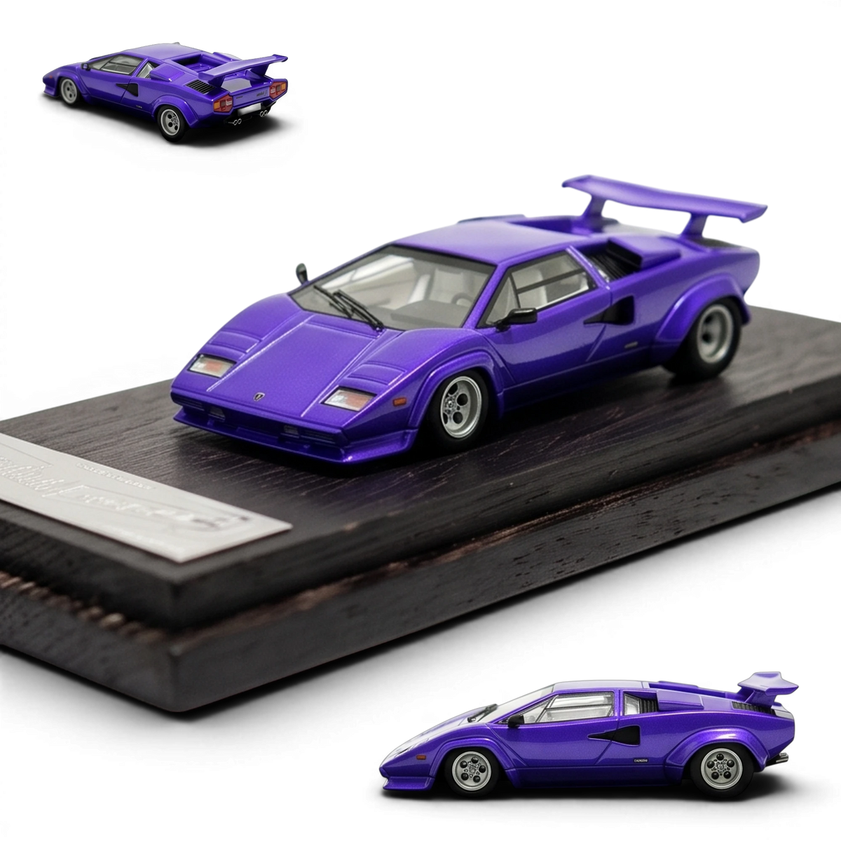 DeepMaker Lamborghini Countach 5000S 1:64 in Viola Salchi purple, on a dark wood display base, front three-quarter with rear and side insets.