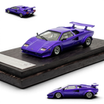 DeepMaker Lamborghini Countach 5000S 1:64 in Viola Salchi purple, on a dark wood display base, front three-quarter with rear and side insets.