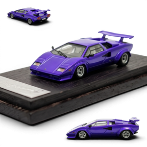 DeepMaker Lamborghini Countach 5000S 1:64 in Viola Salchi purple, on a dark wood display base, front three-quarter with rear and side insets.
