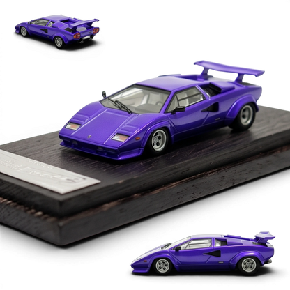 DeepMaker Lamborghini Countach 5000S 1:64 in Viola Salchi purple, on a dark wood display base, front three-quarter with rear and side insets.