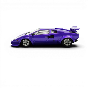 DeepMaker Lamborghini Countach 5000S 1:64 in Viola Salchi purple, full side profile showing the rear wing, side scoop and white interior.