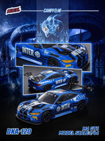 Demon King Auto BMW M4 GT3 1:64 in Inter Milan blue with black stripes and INTER lettering, poster with front three-quarter and rear wing views