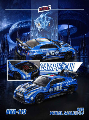 Demon King Auto Nissan R35 GT-R 1:64 in Inter Milan blue with black stripes and INTER lettering, poster with rear three-quarter and engine inset