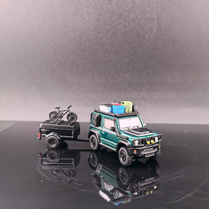 Fine Works64 modified Suzuki Jimny in emerald metallic green with roof rack and bike trailer, 1:64