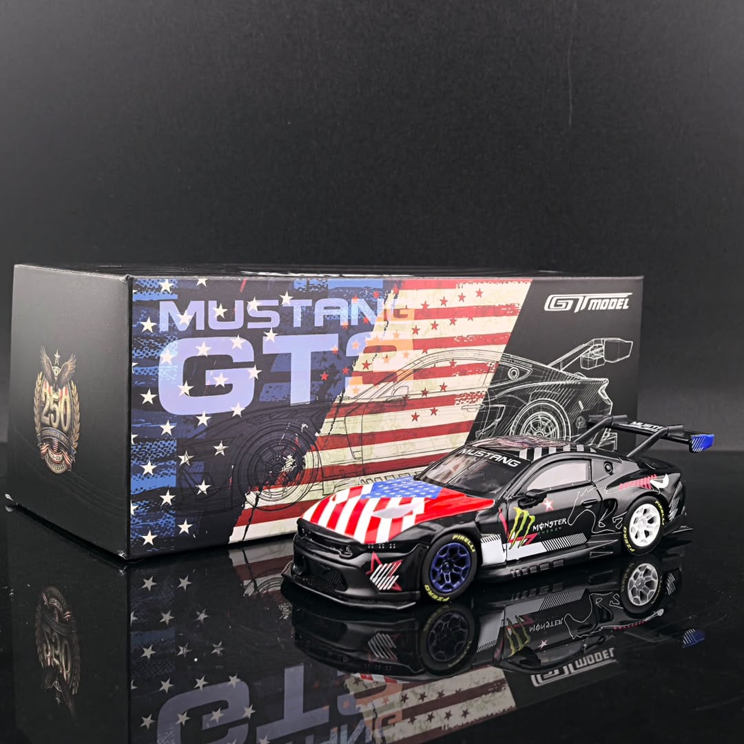 GT model Ford Mustang GT3 Black Monster 1:64 diecast model, front three-quarter beside its stars-and-stripes box