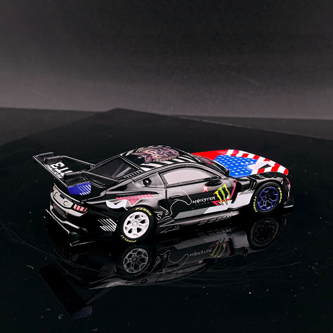 GT model Ford Mustang GT3 Black Monster 1:64 diecast model, rear three-quarter view with wing and flag bonnet