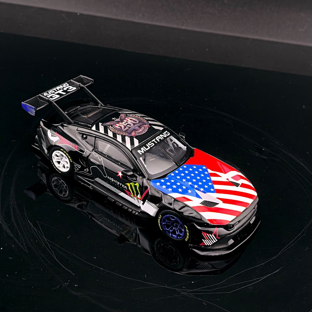 GT model Ford Mustang GT3 Black Monster 1:64 diecast model, front three-quarter view with US flag hood and rear wing