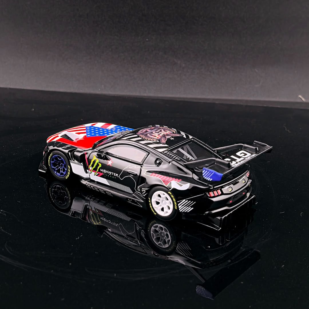 GT model Ford Mustang GT3 Black Monster 1:64 diecast model, rear three-quarter with US flag roof and rear wing