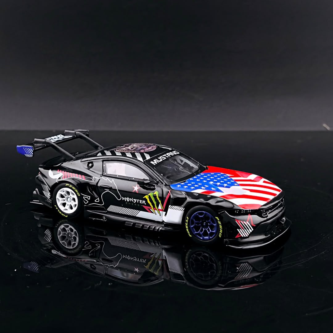GT model Ford Mustang GT3 Black Monster 1:64 diecast, front three-quarter with US flag hood and rear wing