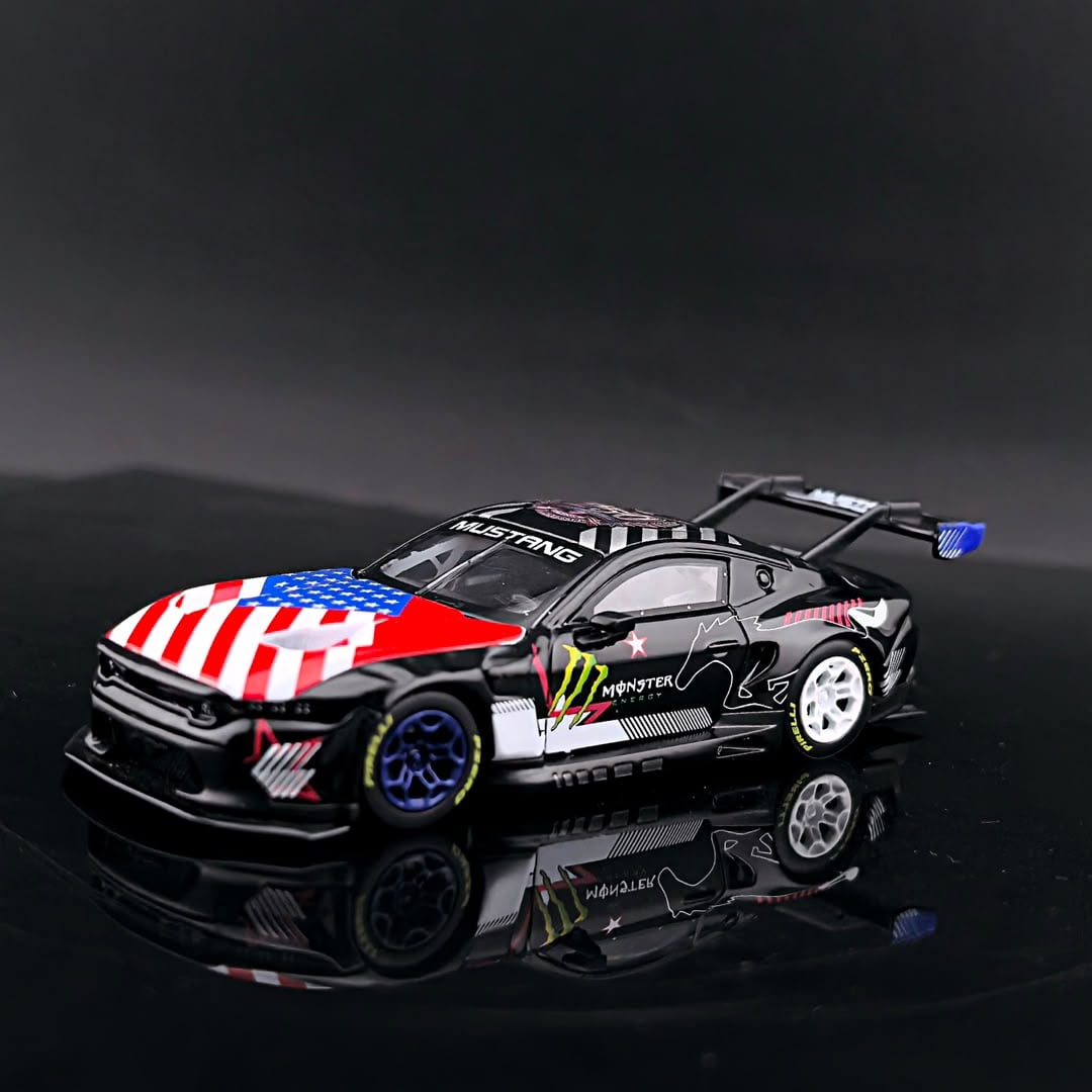 GT model Ford Mustang GT3 Black Monster 1:64 diecast, front three-quarter view with flag-print bonnet and rear wing
