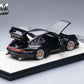 Rear three-quarter view of the black RWB 993 with doors, engine lid and rear wing open