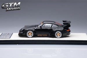 GTM Models RWB 993 in black with bronze wheels, side profile on its display base, 1:64