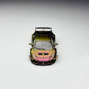 Front view of the chameleon Huracan GT showing the vented hood and purple to gold color shift