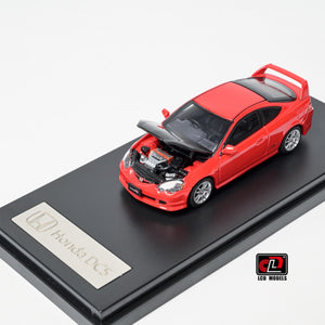LCD Honda Integra DC5 Type-R 1:64 in red, close front three-quarter with the carbon bonnet raised over the detailed engine bay