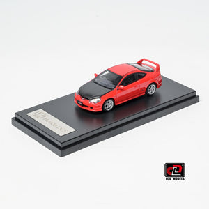 LCD Honda Integra DC5 Type-R 1:64 in red with carbon bonnet, front three-quarter on the black Honda DC5 display base