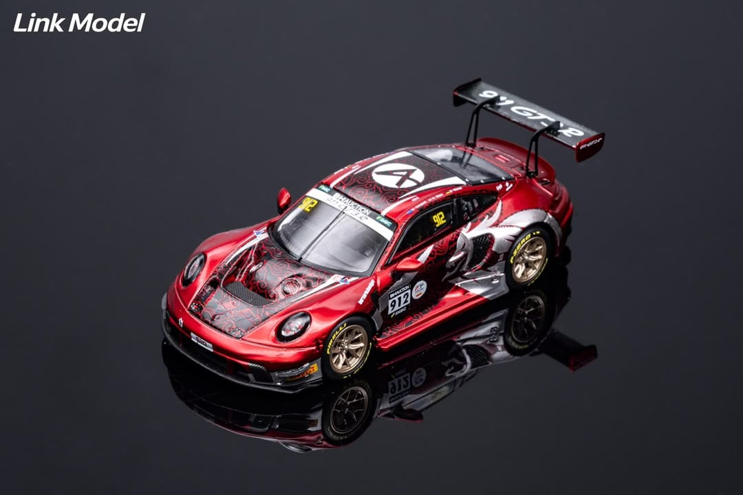 Link Model Porsche 911 GT3 R #912 in red and black Chinese Dragon livery with gold wheels, 1:64