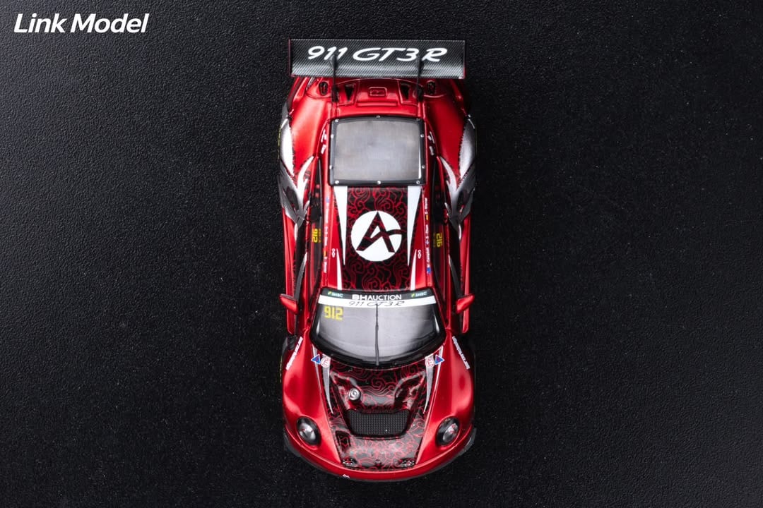 Top-down view of the #912 Chinese Dragon 911 GT3 R showing the hood graphic