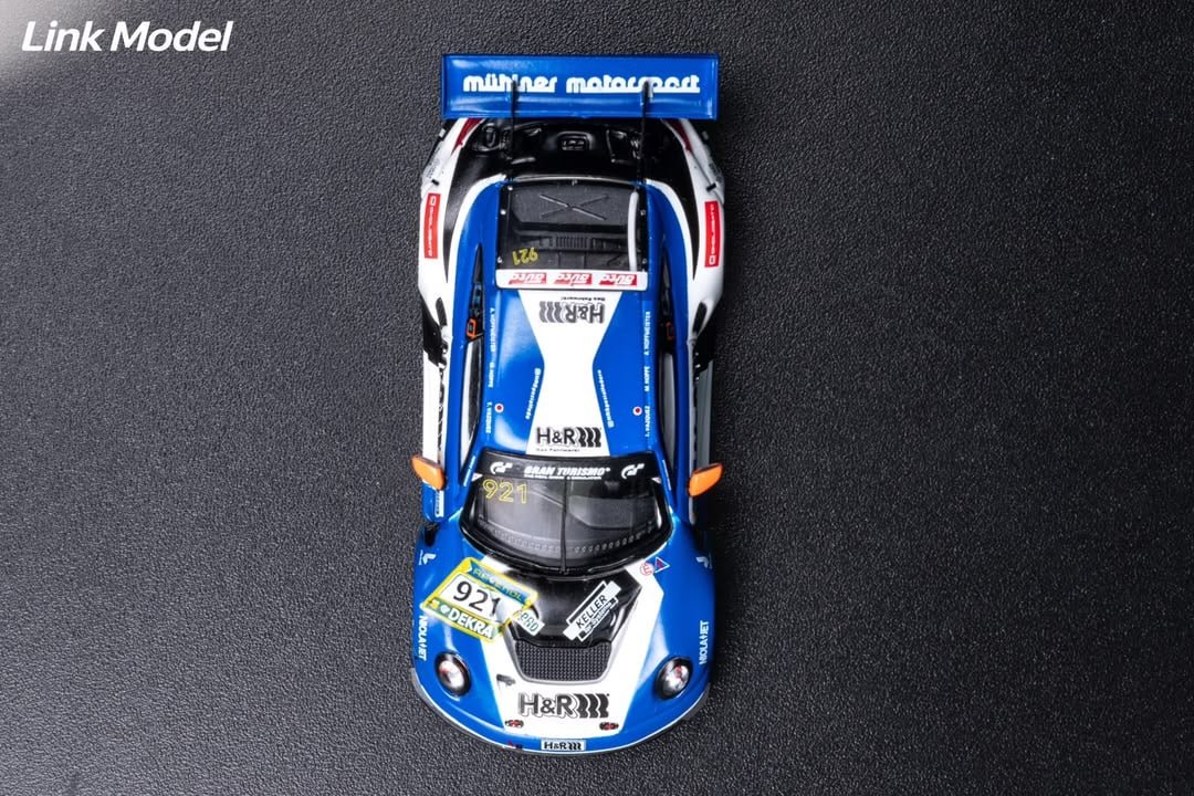 Top-down view of the white and blue H&R #921 911 GT3 R