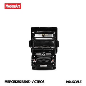 MD Mercedes-Benz Gullwing-Style Box Semi-Trailer RWB Livery 1:64 diecast model, front view of black Actros cab