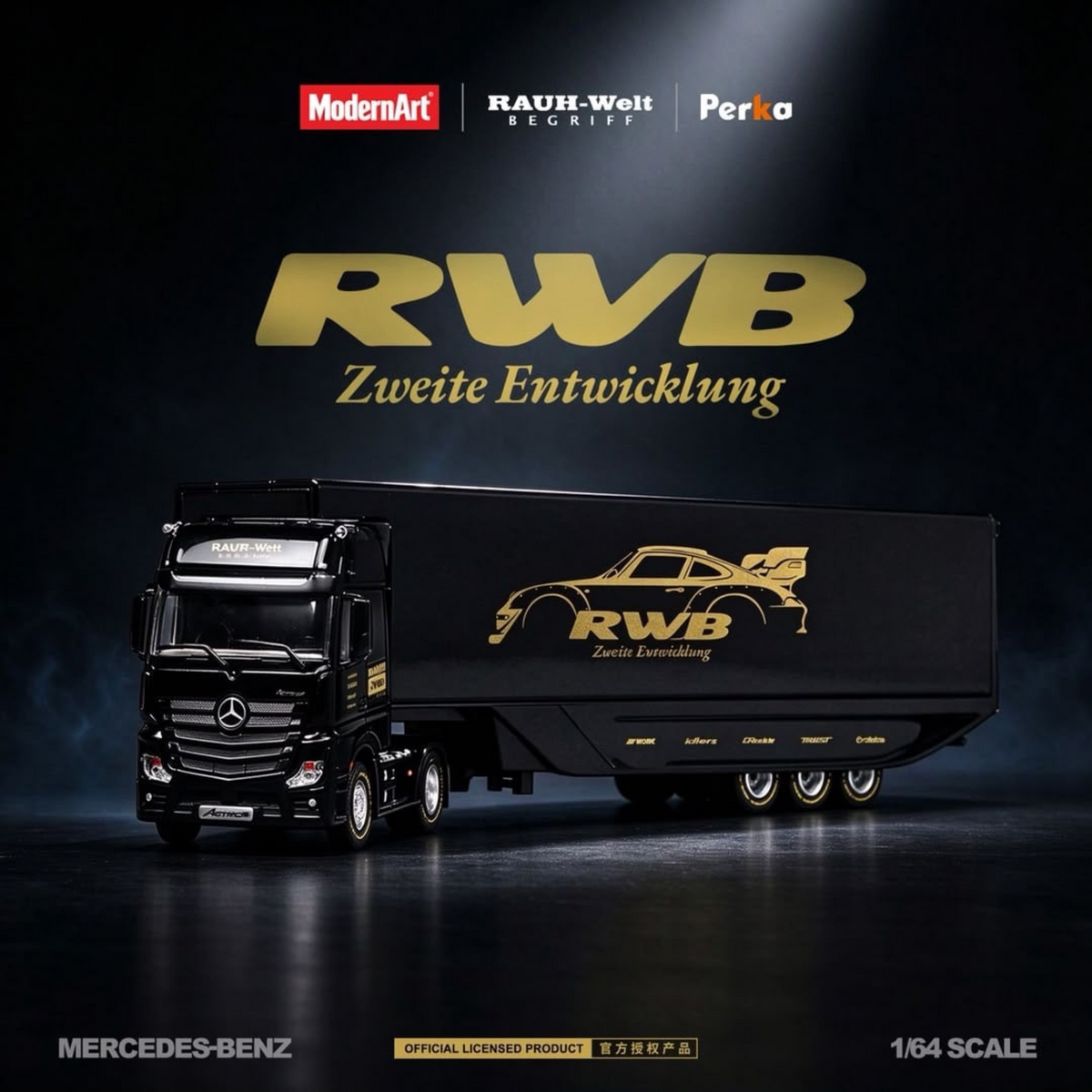 MD Mercedes-Benz Gullwing-Style Box Semi-Trailer - RWB Livery 1:64 diecast model, side view with gold RWB art on trailer