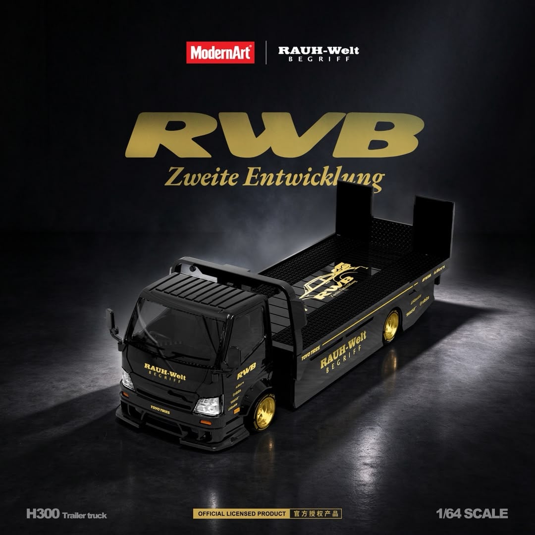 RWB Zweite Entwicklung promo art of the H300 trailer truck in black and gold on a dark studio floor