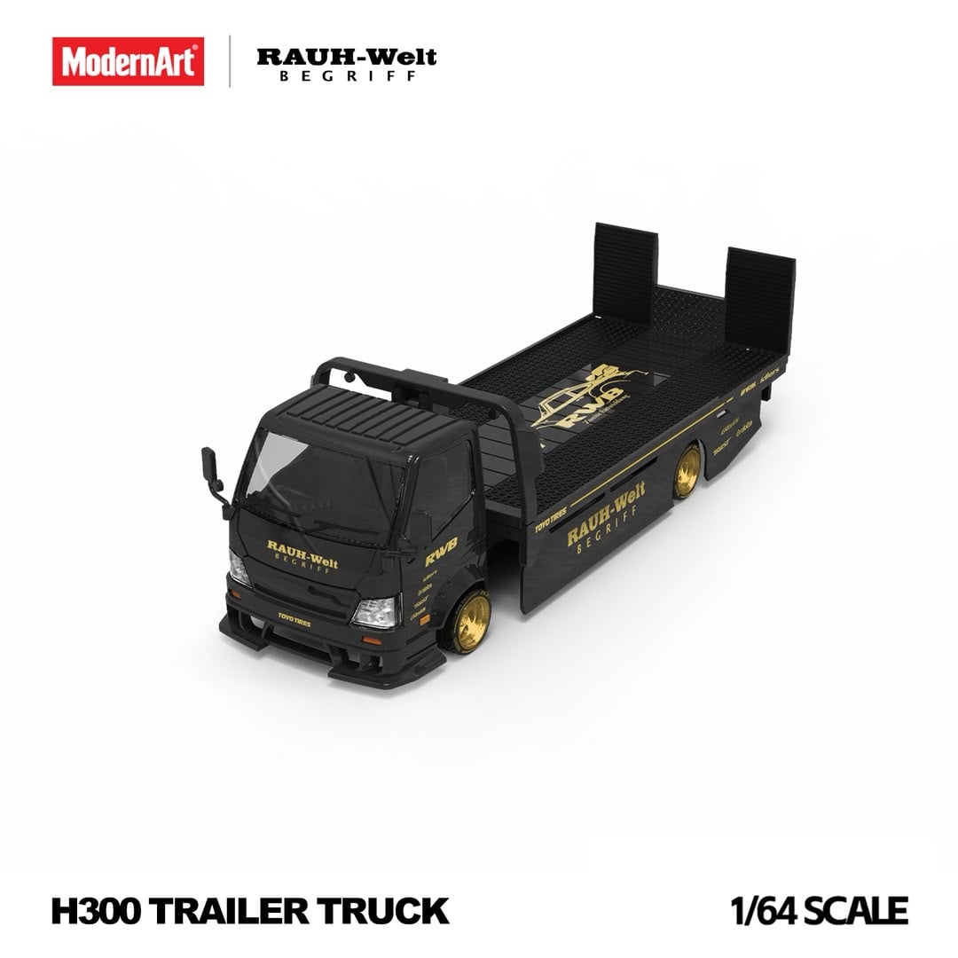 Close front three-quarter view of the black and gold RWB H300 trailer truck