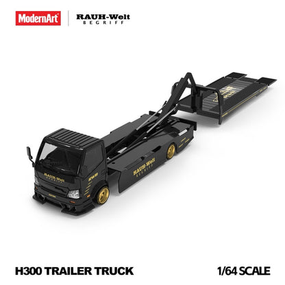 ModernArt H300 trailer truck in black RWB livery with gold wheels, bed tilted back in loading position, 1:64
