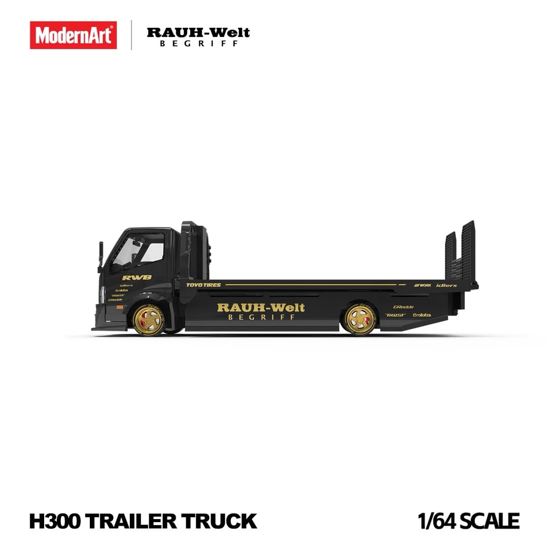 Side profile of the black H300 trailer truck with gold RAUH-Welt Begriff door script and gold wheels