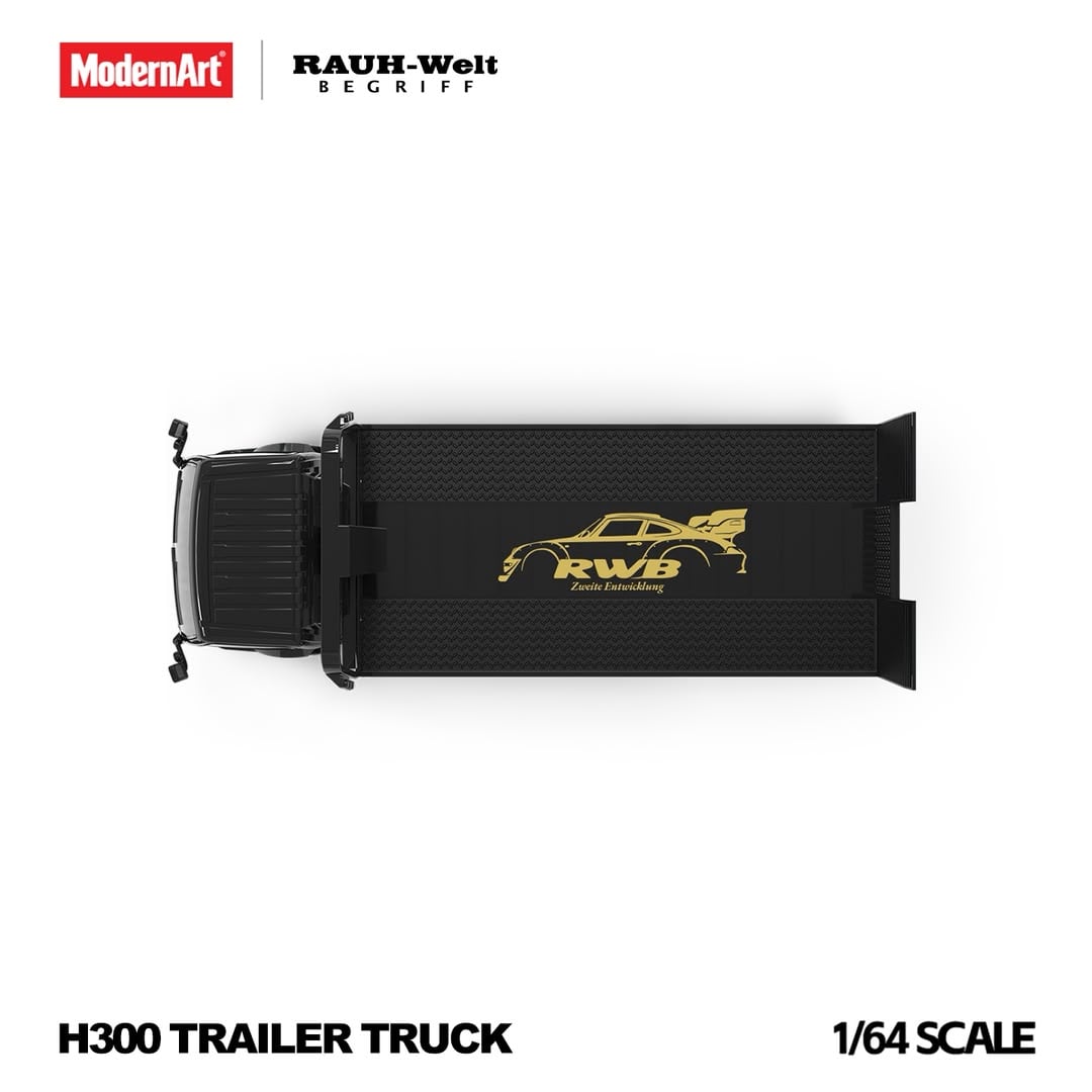 Top-down view of the H300 flatbed showing the gold RWB Porsche logo on the deck
