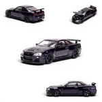 MOTORHELIX Nissan Skyline GT-R R34 midnight purple 1:64, four-view collage: front and rear three-quarters plus hood open on the engine bay