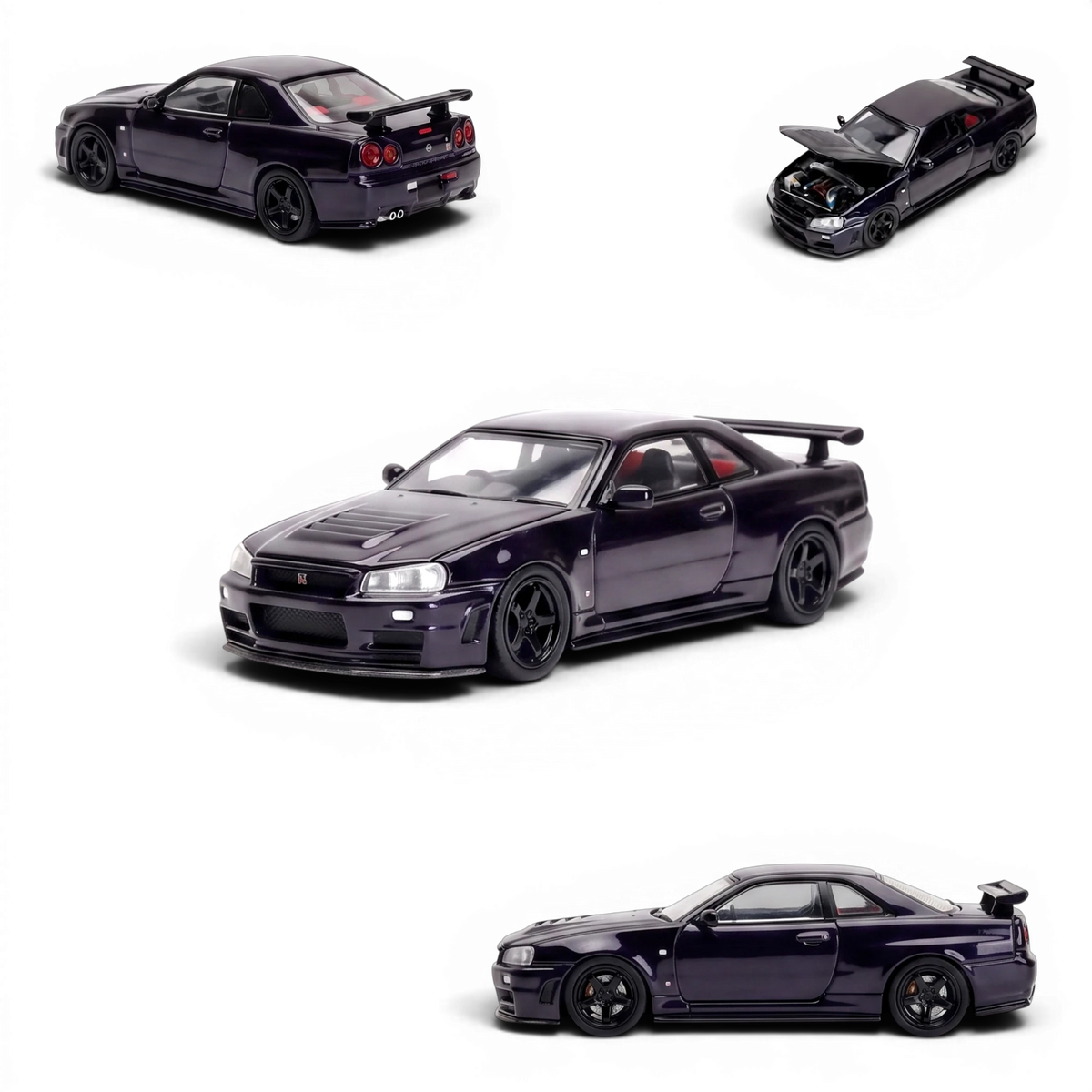 MOTORHELIX Nissan Skyline GT-R R34 midnight purple 1:64, four-view collage: front and rear three-quarters plus hood open on the engine bay