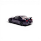 MOTORHELIX Nissan Skyline GT-R R34 midnight purple 1:64, rear three-quarter showing the GT wing, round quad tail lights and twin exhaust