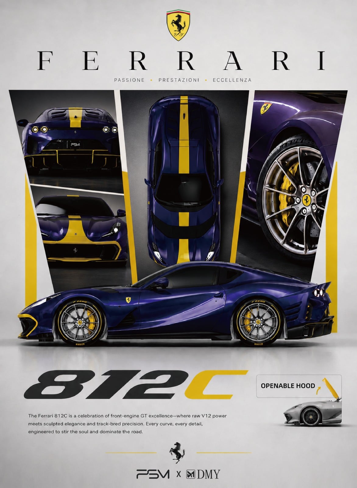 PSM x DMY Ferrari 812C 1:64 in purple with twin yellow stripes and yellow calipers, poster with side, front, overhead and wheel detail shots