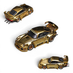 Star Models RWB 930 GT Wing chrome gold 1:64, three-angle collage with RAUH-Welt windscreen banner, RWB door lettering and gold mesh wheels