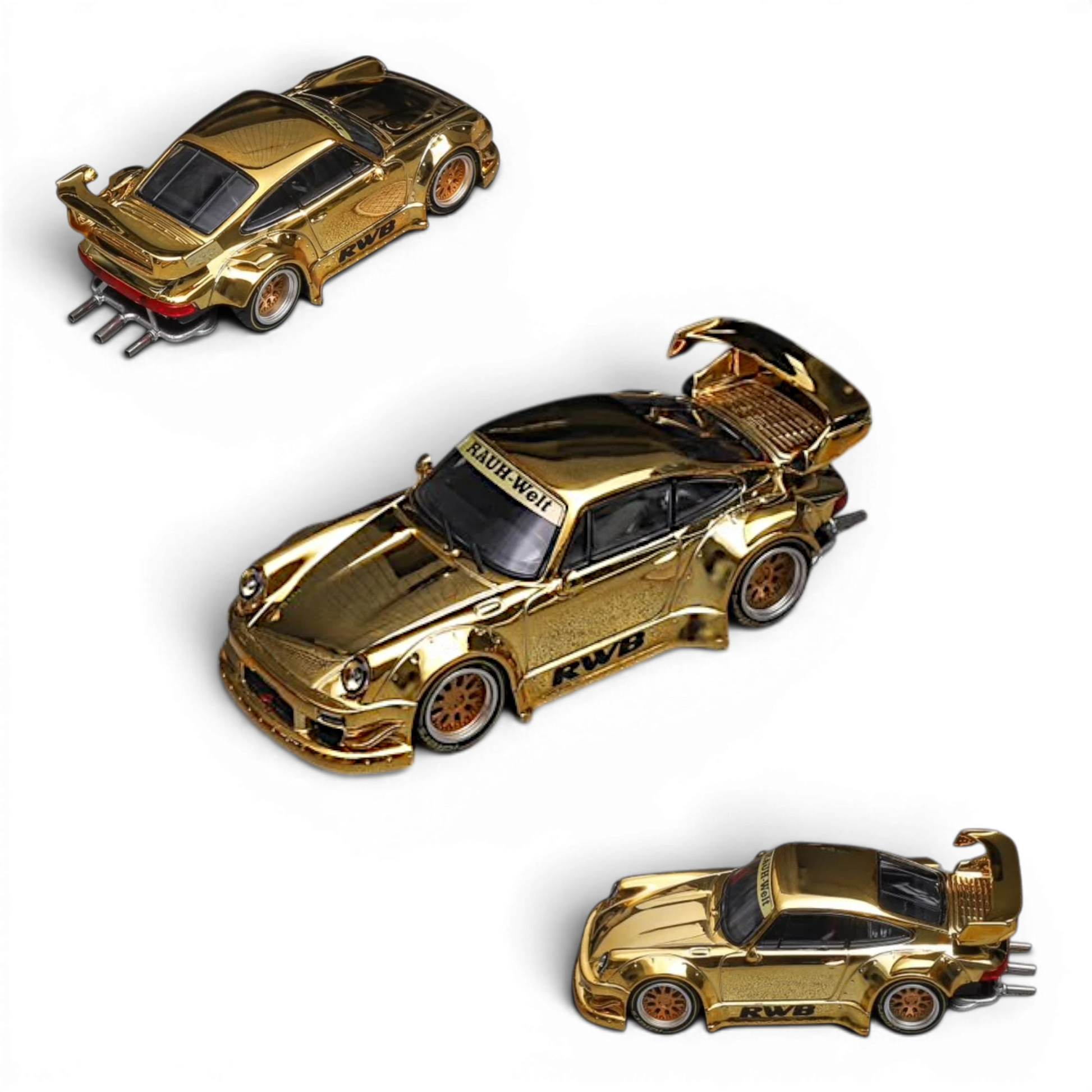 Star Models RWB 930 GT Wing chrome gold 1:64, three-angle collage with RAUH-Welt windscreen banner, RWB door lettering and gold mesh wheels