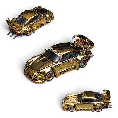 Star Models RWB 930 GT Wing chrome gold 1:64, three-angle collage with RAUH-Welt windscreen banner, RWB door lettering and gold mesh wheels