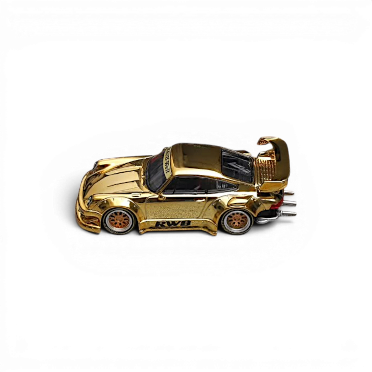 Star Models RWB 930 GT Wing chrome gold 1:64, side profile showing the wide arches, RWB rocker lettering and gold mesh wheels