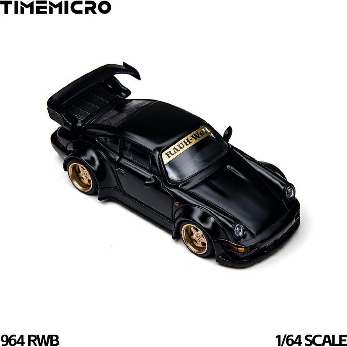 TimeMicro 964 RWB 1:64 in black, high front three-quarter view looking down on the roof, gold RAUH-Welt windscreen banner and rear GT wing