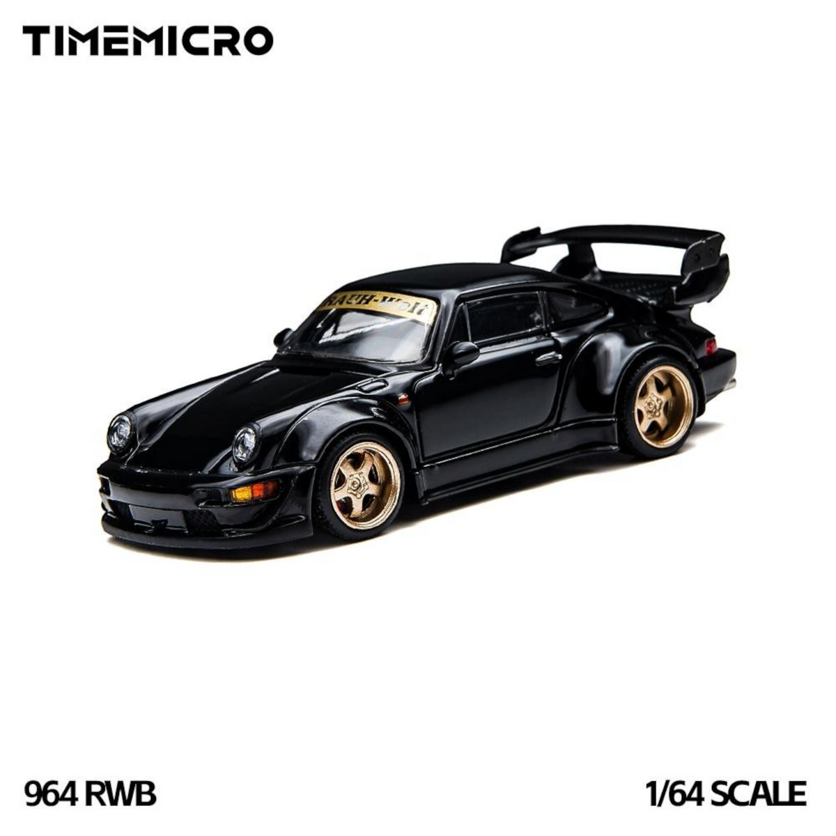 TimeMicro 964 RWB 1:64 in black with gold wheels, front three-quarter studio view showing the RAUH-Welt windscreen banner and GT wing