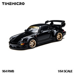 TimeMicro 964 RWB 1:64 in black with gold wheels, front three-quarter studio view showing the RAUH-Welt windscreen banner and GT wing