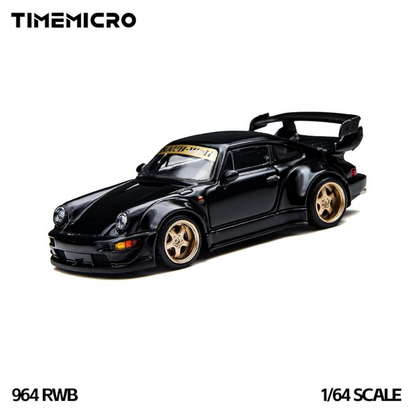 TimeMicro 964 RWB 1:64 in black with gold wheels, front three-quarter studio view showing the RAUH-Welt windscreen banner and GT wing