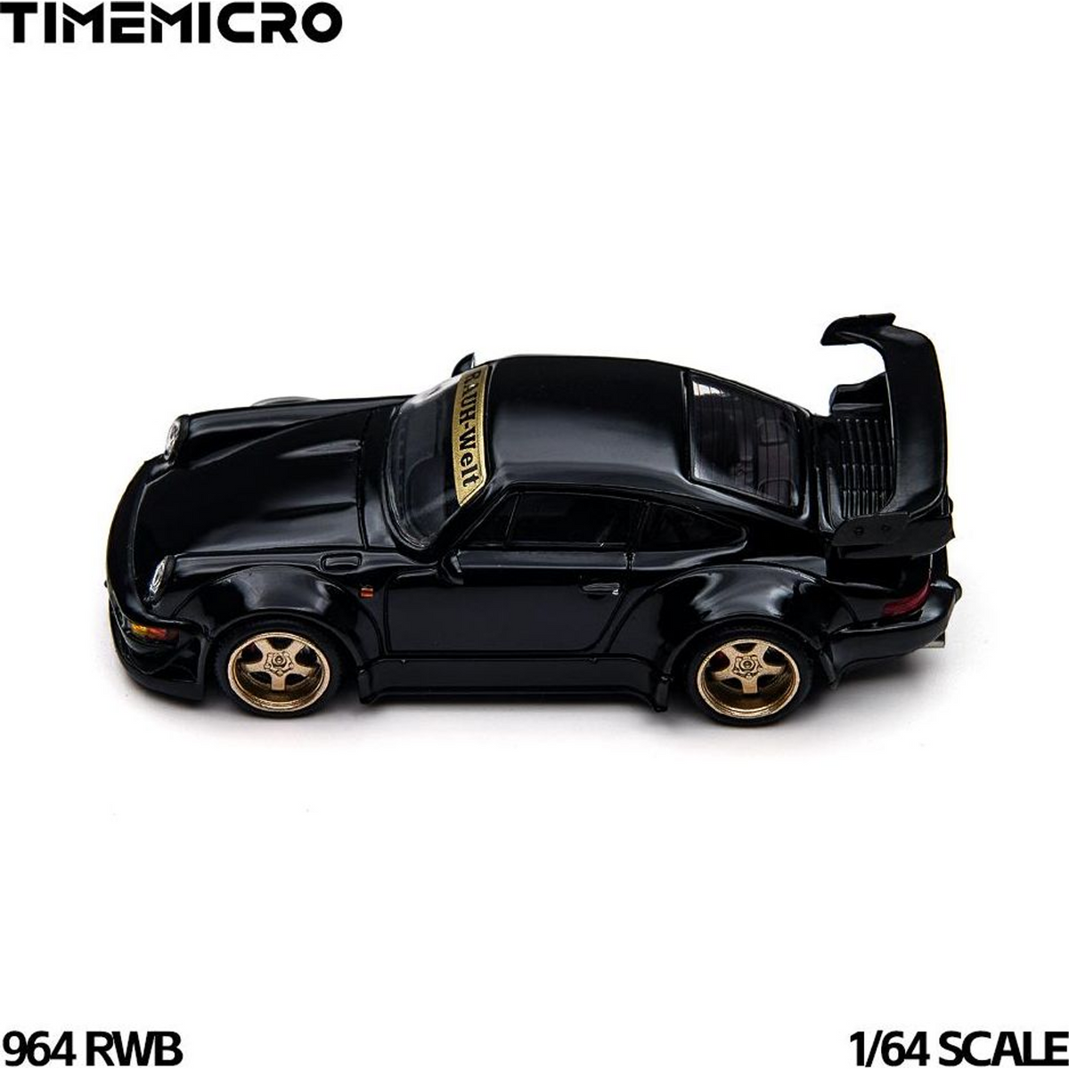 TimeMicro 964 RWB 1:64 in black, elevated rear three-quarter view showing the engine deck grille, GT wing and gold five-spoke wheels
