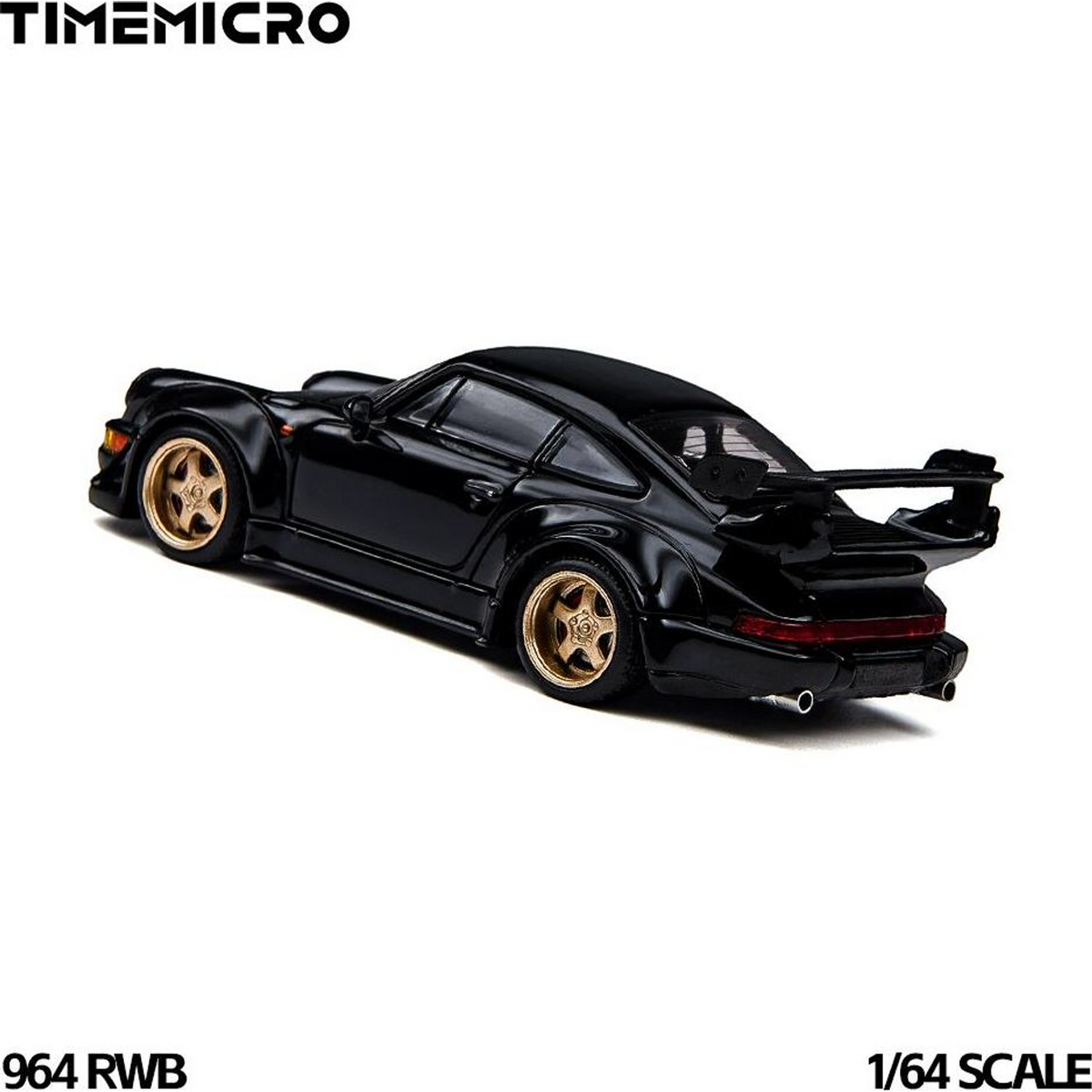 TimeMicro 964 RWB 1:64 in black, rear three-quarter view showing the taillight bar, centre exhaust tip and GT wing over the rear fender