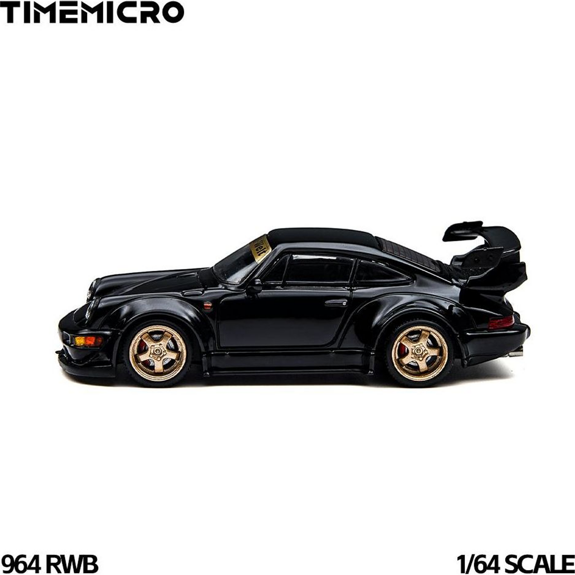 TimeMicro 964 RWB 1:64 in black, full side profile on white showing the widebody fenders, gold five-spoke wheels and red brake calipers