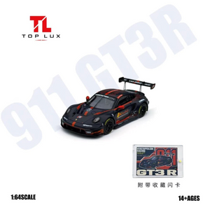 TOP LUX Porsche 911 GT3 R Red Bull Livery 1:64 diecast model, front three-quarter view with acrylic collector card