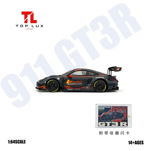 TOP LUX Porsche 911 GT3 R Red Bull Livery 1:64 diecast model, side profile with acrylic collector card