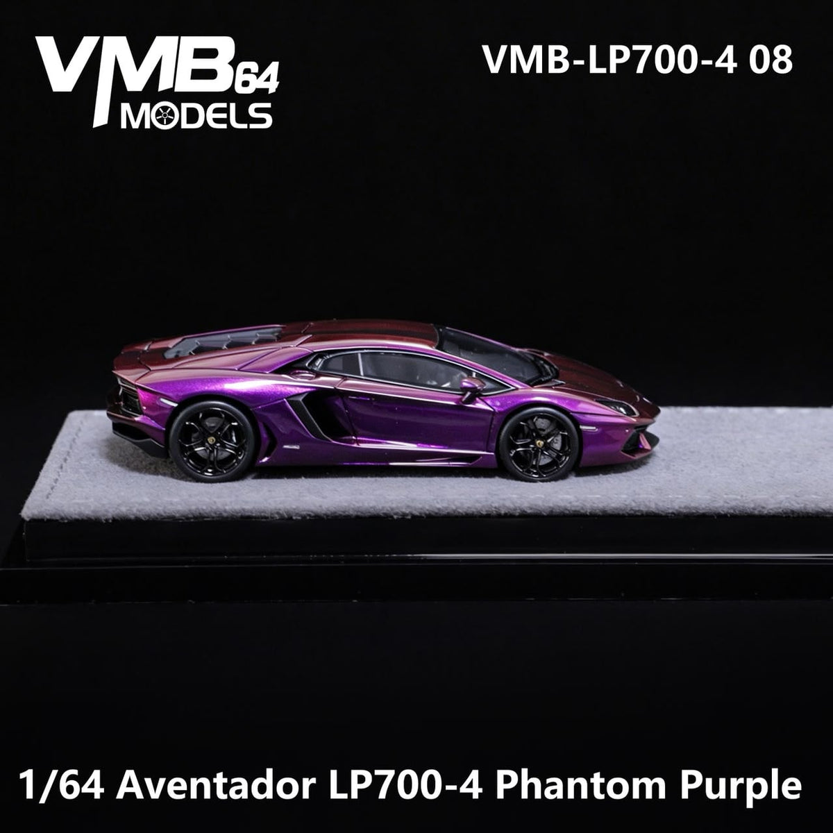 VMB Lamborghini Aventador LP700-4 Iridescent Purple 1:64 diecast model, side profile on a grey suede display base