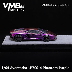 VMB Lamborghini Aventador LP700-4 Iridescent Purple 1:64 diecast model, side profile on a grey suede display base