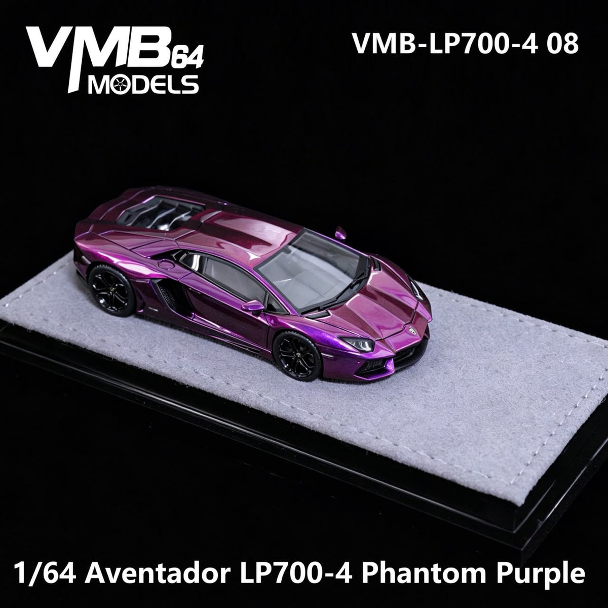 VMB Lamborghini Aventador LP700-4 Iridescent Purple 1:64 diecast model, front three-quarter on grey suede base