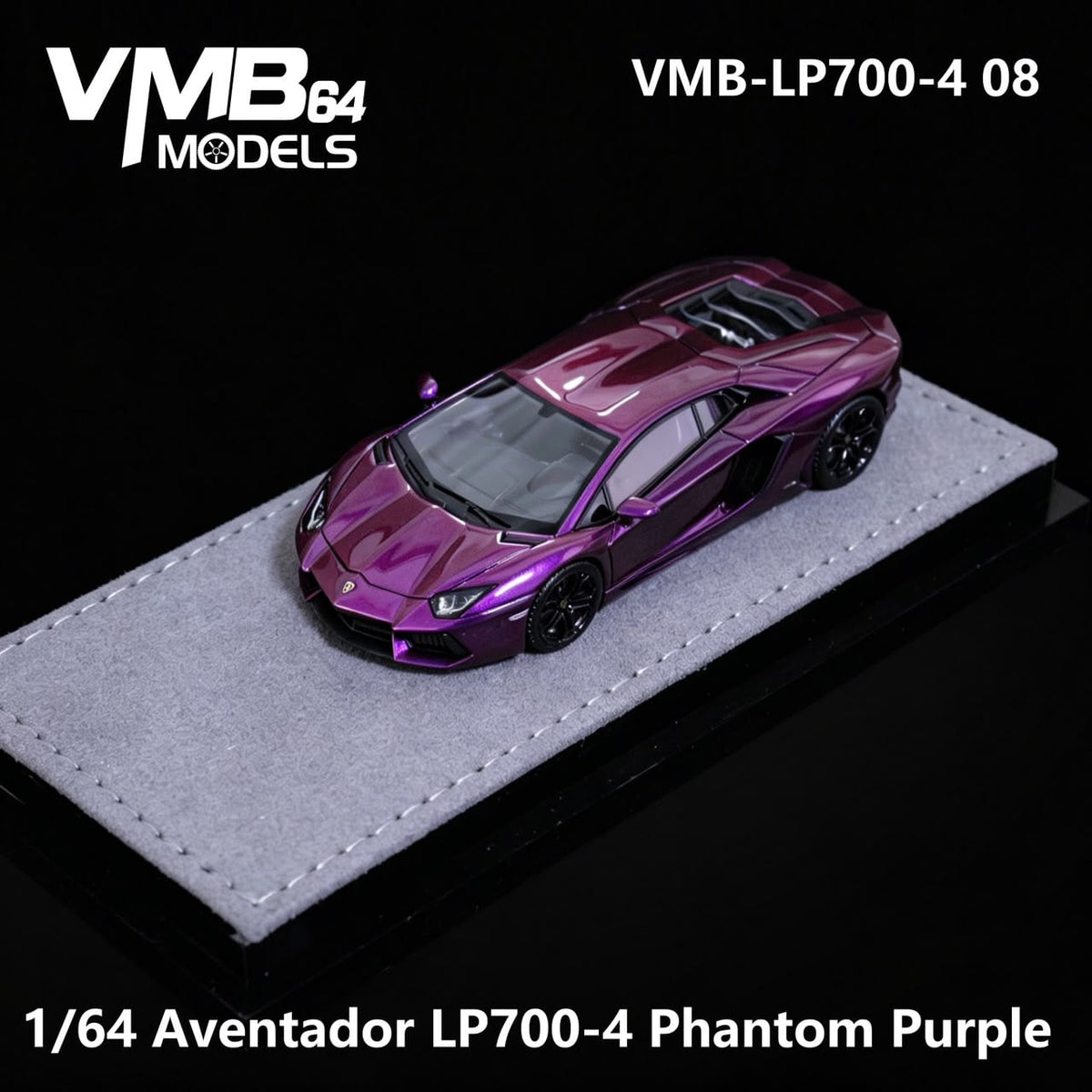 VMB Lamborghini Aventador LP700-4 Iridescent Purple 1:64 diecast model, front three-quarter on grey suede display base